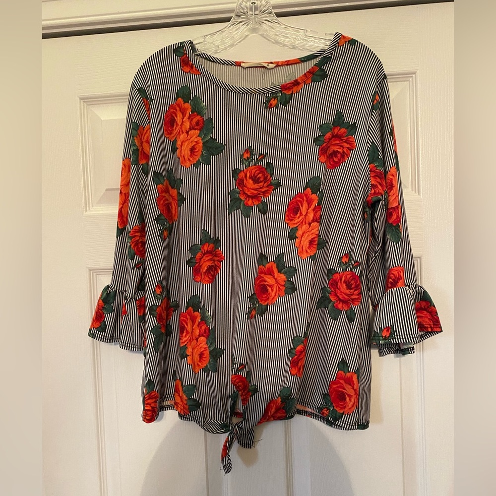 Black and white striped top with red roses